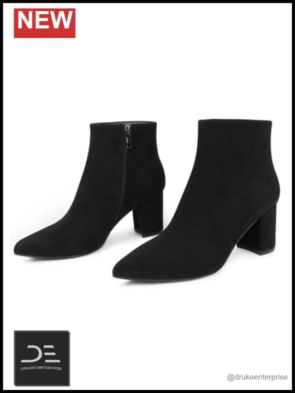 Faux Leather Ankle Boots Chunky Block Heel Pointed Toe Zipper Booties